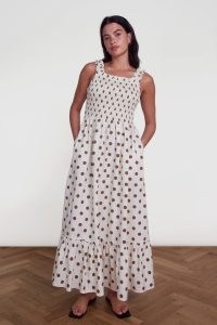 ALIGNE FREESIA SHIRRED MIDI DRESS BROWN SPOT / women’s sleeveless polka dot tiered hem dresses / womens summer fashion