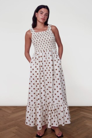ALIGNE FREESIA SHIRRED MIDI DRESS BROWN SPOT / women’s sleeveless polka dot tiered hem dresses / womens summer fashion - flipped