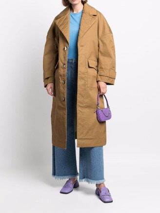 GANNI double-twill long coat in butternut brown ~ women’s oversized drop shoulder coats - flipped