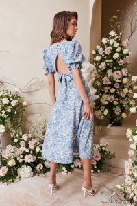 lavish alice gathered puff sleeve longline dress in blue floral / women’s feminine open back dresses / thigh high slit hem / womens summer occasion fashion / corset style bodice and bust detail