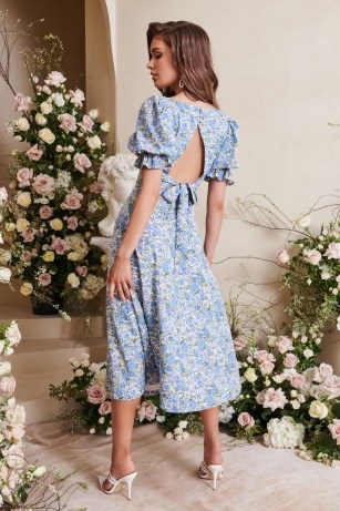 lavish alice gathered puff sleeve longline dress in blue floral / women’s feminine open back dresses / thigh high slit hem / womens summer occasion fashion / corset style bodice and bust detail - flipped