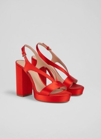 L.K. BENNETT GIGI RED SATIN PLATFORM SANDALS ~ womens retro summer occasion platforms ~ women’s vintage style block heel event shoes - flipped