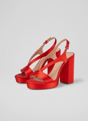 L.K. BENNETT GIGI RED SATIN PLATFORM SANDALS ~ womens retro summer occasion platforms ~ women’s vintage style block heel event shoes