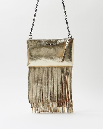 RIVER ISLAND GOLD METALLIC FRINGED CROSS BODY BAG / bohemian faux leather bags / boho accessories - flipped