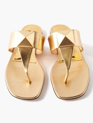 VALENTINO GARAVANI One Stud gold leather sandals | luxe metallic toe post flats | women’s designer summer shoes - flipped