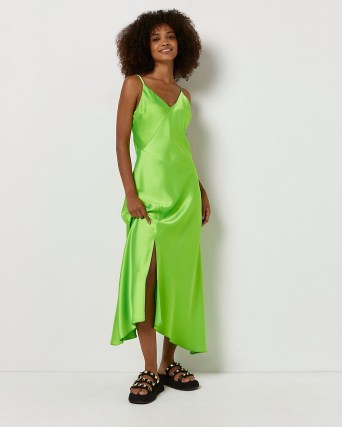 RIVER ISLAND GREEN ASYMMETRIC SLIP MIDI DRESS ~ bright split hem cami dresses - flipped