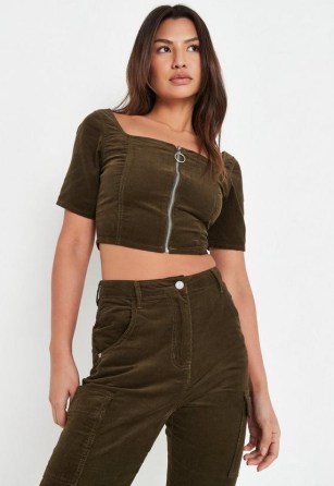 MISSGUIDED green co ord corduroy zip through crop top ~ short sleeve cropped cord tops - flipped