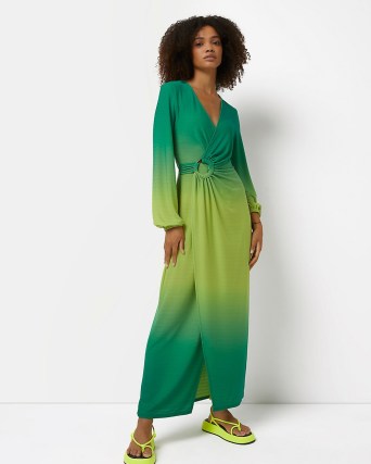 RIVER ISLAND GREEN OMBRE WRAP MAXI DRESS ~ long sleeve tonal dresses - flipped