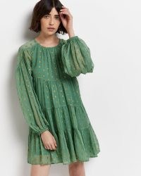RIVER ISLAND GREEN POLKA DOT TIERED HEM MINI DRESS ~ feminine long puff sleeved dresses ~ balloon sleeve fashion ~ women’s tiered clothing