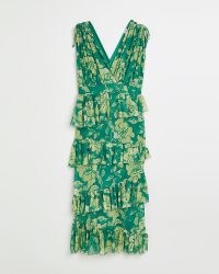 RIVER ISLAND GREEN PRINT TIERED MIDI DRESS ~ romantic style sleeveless V-neck dresses ~ floral going out occasion fashion