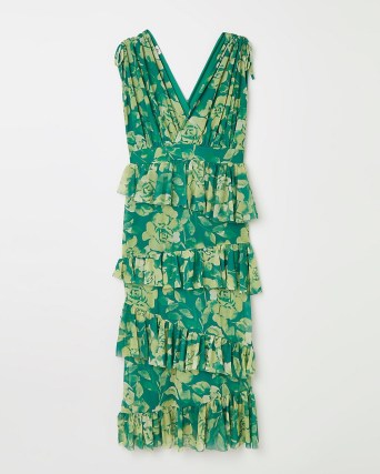 RIVER ISLAND GREEN PRINT TIERED MIDI DRESS ~ romantic style sleeveless V-neck dresses ~ floral going out occasion fashion - flipped