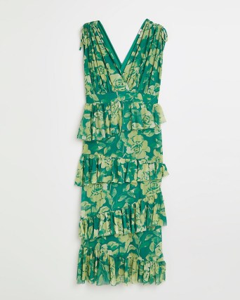 RIVER ISLAND GREEN PRINT TIERED MIDI DRESS ~ romantic style sleeveless V-neck dresses ~ floral going out occasion fashion