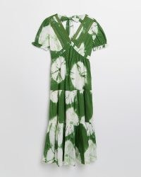 RIVER ISLAND GREEN TIE DYE SMOCK MAXI DRESS ~ short puff sleeve tiered dresses ~ womens feminine empire waist fashion