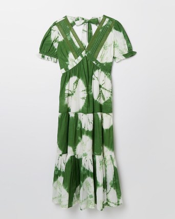RIVER ISLAND GREEN TIE DYE SMOCK MAXI DRESS ~ short puff sleeve tiered dresses ~ womens feminine empire waist fashion - flipped