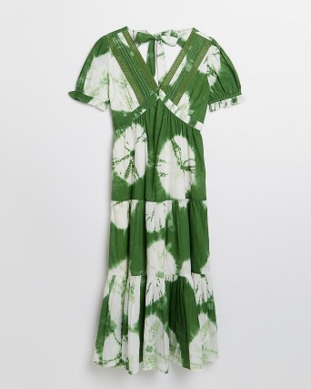 RIVER ISLAND GREEN TIE DYE SMOCK MAXI DRESS ~ short puff sleeve tiered dresses ~ womens feminine empire waist fashion