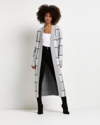 RIVER ISLAND GREY CHECK LONGLINE CARDIGAN / women’s long length open front cardigans / checked knitwear