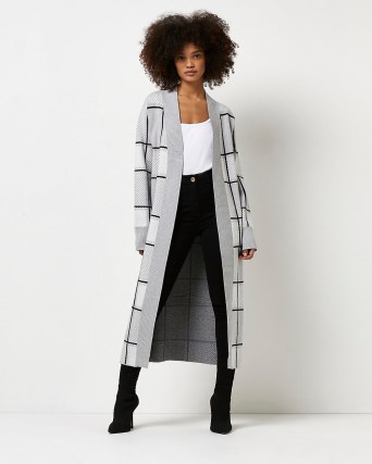 RIVER ISLAND GREY CHECK LONGLINE CARDIGAN / women’s long length open front cardigans / checked knitwear - flipped