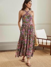 Boden Halterneck Jersey Maxi Dress in Pea Decorative Meadow / women’s green floral halter neck dresses / womens feminine summer clothes