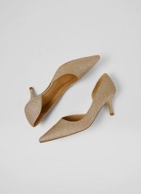 L.K. BENNETT HAZEL CHAMPAGNE GLITTER D’ORSAY COURTS ~ glittering metallic look court shoes ~ pointed toe kitten heel occasion pumps ~ women’s special event footwear