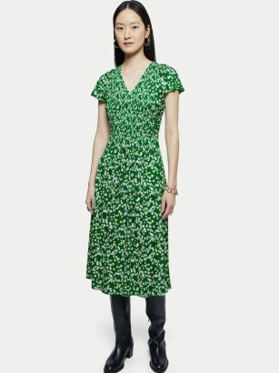 JIGSAW Heath Ditsy Short Sleeve Dress / women’s green floral midi dresses - flipped