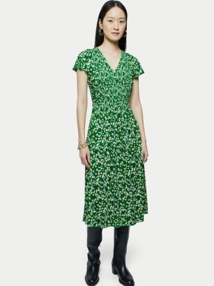 JIGSAW Heath Ditsy Short Sleeve Dress / women’s green floral midi dresses