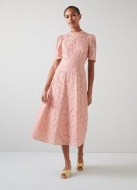 L.K. BENNETT HONOR PINK COTTON BRODERIE ANGLAISE DRESS ~ feminine spring and summer floral cut out dresses