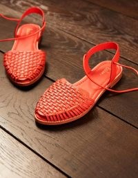 Boden Huarache Leather Sandals Bright Papaya / orange-red ankle tie flats / women’s woven summer shoes