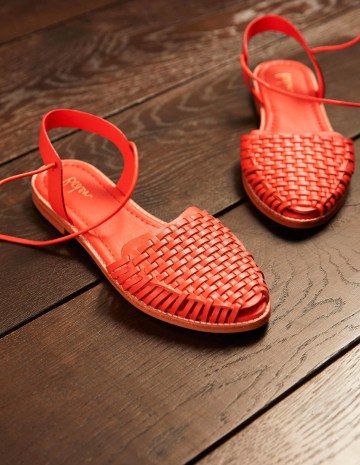 Boden Huarache Leather Sandals Bright Papaya / orange-red ankle tie flats / women’s woven summer shoes - flipped