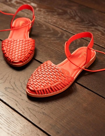 Boden Huarache Leather Sandals Bright Papaya / orange-red ankle tie flats / women’s woven summer shoes