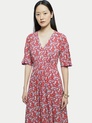 JIGSAW Hydrangea V Neck Jersey Dress / womens short sleeve floral print dresses - flipped