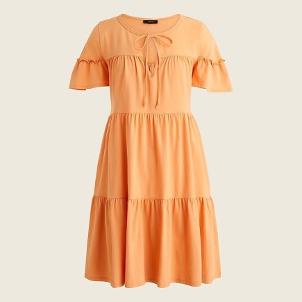 J.CREW Broken-in jersey tiered mini dress / womens orange cotton short sleeved summer dresses / keyhole front detail