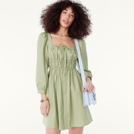 J.CREW Cinched-waist cotton poplin dress Faded Pistachio ~ women’s green square neck organic cotton dresses - flipped