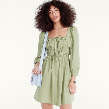 J.CREW Cinched-waist cotton poplin dress Faded Pistachio ~ women’s green square neck organic cotton dresses