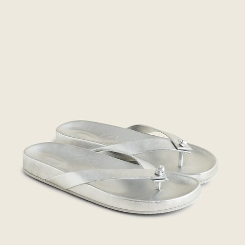 J.CREW Pacific thong sandals in metallic leather / women’s silver footbed toe post flats / casual luxe summer footwear