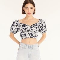 J.CREW Puff-sleeve organic cotton cropped top / floral short sleeved crop hem tops / draped front detail / women’s organic cotton summer fashion