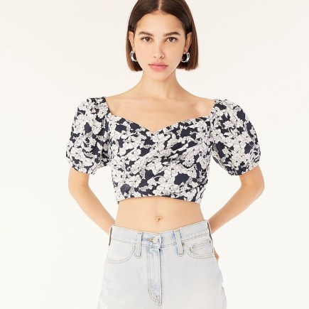J.CREW Puff-sleeve organic cotton cropped top / floral short sleeved crop hem tops / draped front detail / women’s organic cotton summer fashion - flipped