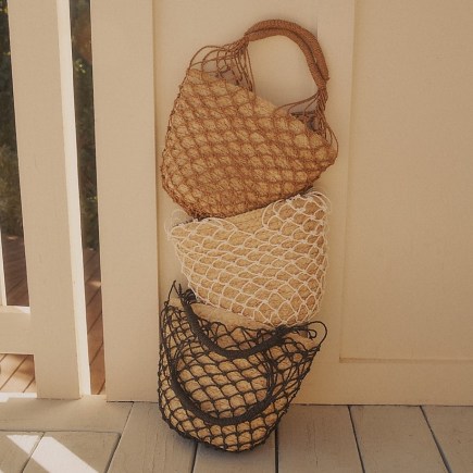 J.CREW Sedona basket bag in straw / net overlay woven raffia bags / nautical inspired handbags with netting / summer accessories - flipped