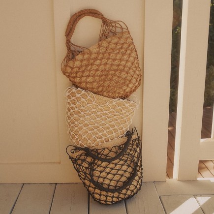 J.CREW Sedona basket bag in straw / net overlay woven raffia bags / nautical inspired handbags with netting / summer accessories