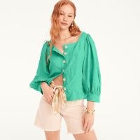 J.CREW Squareneck button-front linen top ~ women’s green square neck balloon sleeved tops