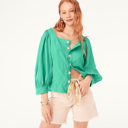 J.CREW Squareneck button-front linen top ~ women’s green square neck balloon sleeved tops - flipped