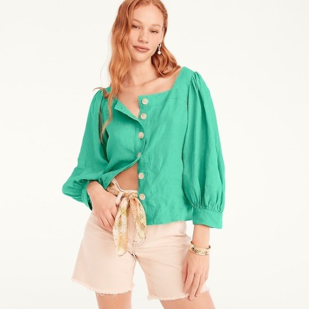 J.CREW Squareneck button-front linen top ~ women’s green square neck balloon sleeved tops