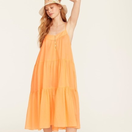 J.CREW Tiered button-front maxi dress in bright cantaloupe / women’s orange cotton skinny shoulder strap dresses / women’s summer fashion - flipped