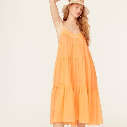 J.CREW Tiered button-front maxi dress in bright cantaloupe / women’s orange cotton skinny shoulder strap dresses / women’s summer fashion