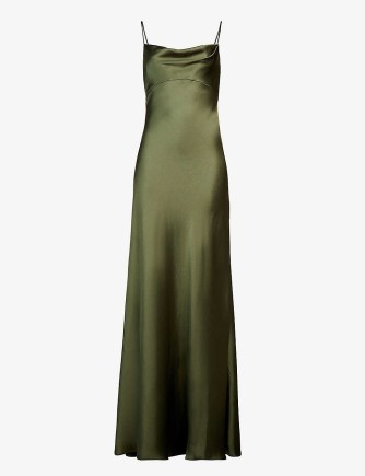 JENNY YOO Addison cowl-neck satin maxi dress | long length olive green spaghetti strap slip dresses - flipped