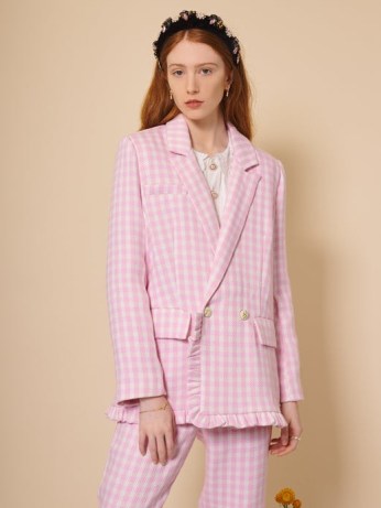 sister jane Buzz Gingham Tweed Blazer in Cherry Blossom / women’s candy pink checked blazers / womens ruffle detail jackets - flipped