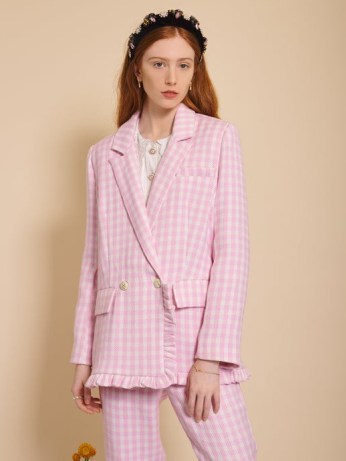 sister jane Buzz Gingham Tweed Blazer in Cherry Blossom / women’s candy pink checked blazers / womens ruffle detail jackets