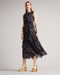 Ted Baker Karolia Sleeveless Waterfall Midi Dress Navy | floaty dark blue floral print party dresses | women’s ruffle trim occasion fashion | romantic ruffled special event clothes