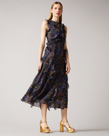 Ted Baker Karolia Sleeveless Waterfall Midi Dress Navy | floaty dark blue floral print party dresses | women’s ruffle trim occasion fashion | romantic ruffled special event clothes - flipped