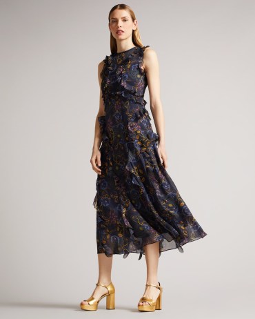 Ted Baker Karolia Sleeveless Waterfall Midi Dress Navy | floaty dark blue floral print party dresses | women’s ruffle trim occasion fashion | romantic ruffled special event clothes