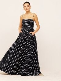 REFORMATION Kastoria Dress in Bettie / women’s polka dot maxi dresses / womens summer occasion clothes / removable spaghetti shoulder straps / strapless event clothing / spot print party fashion